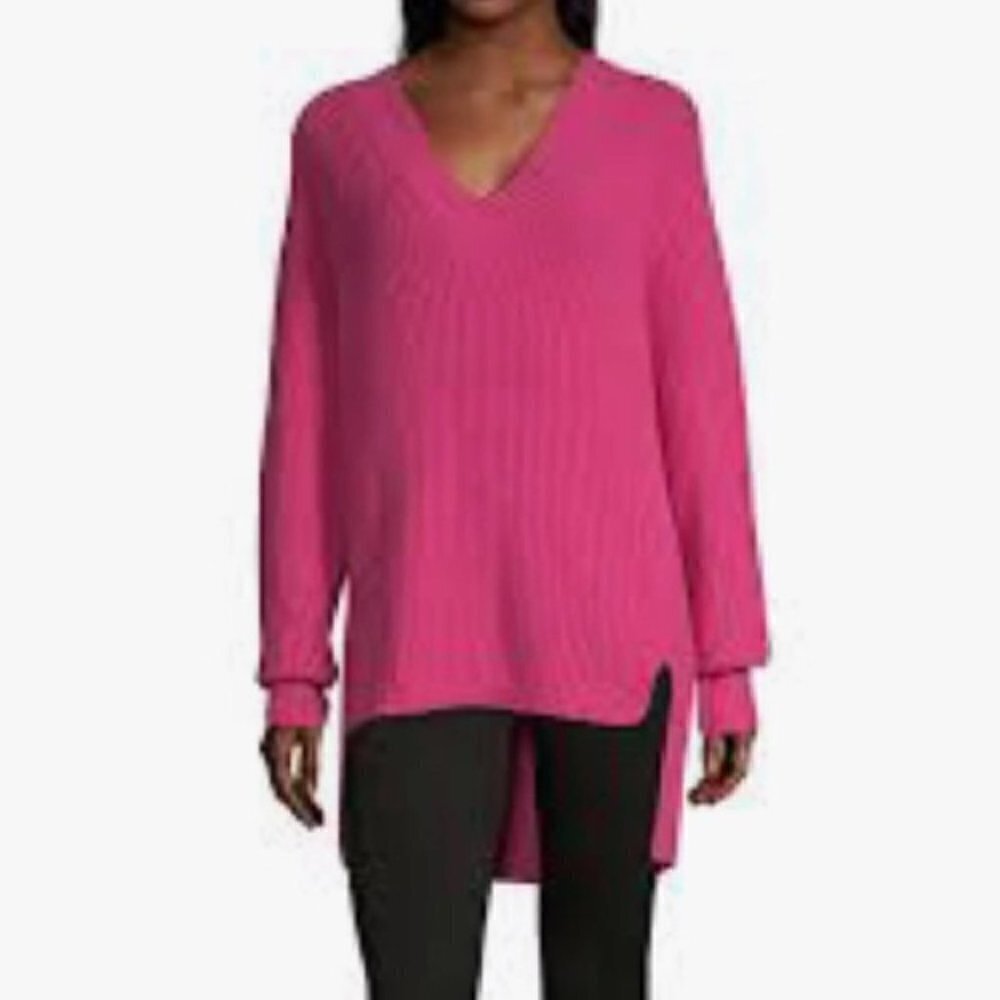 A.n.a. Women's Sz Small V-Neck High Low Sweater Catalina Hot Pink Stretch Cotton